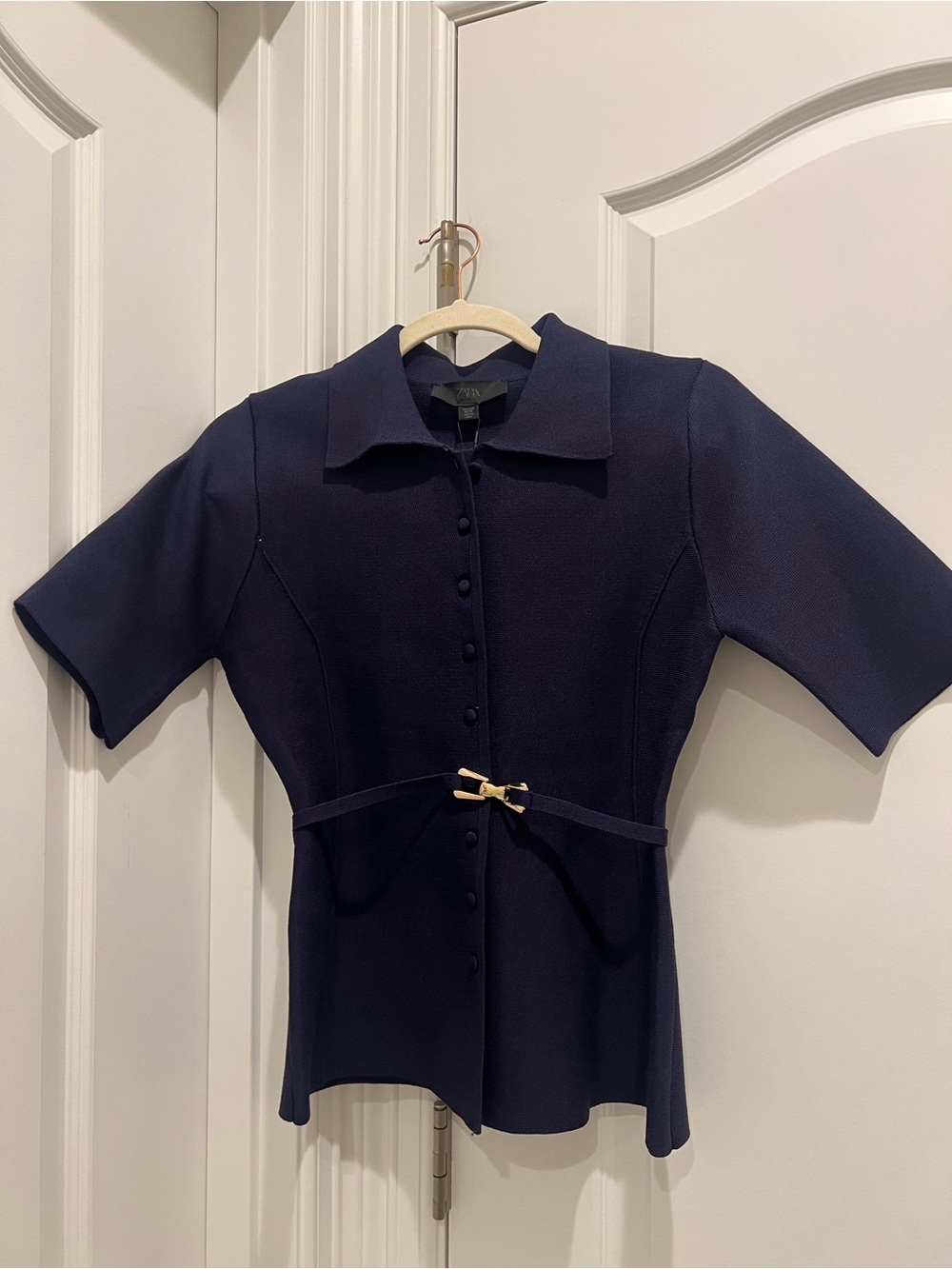 Zara NWT Navy Short-Sleeve Cardigan with Gold Accent Belt